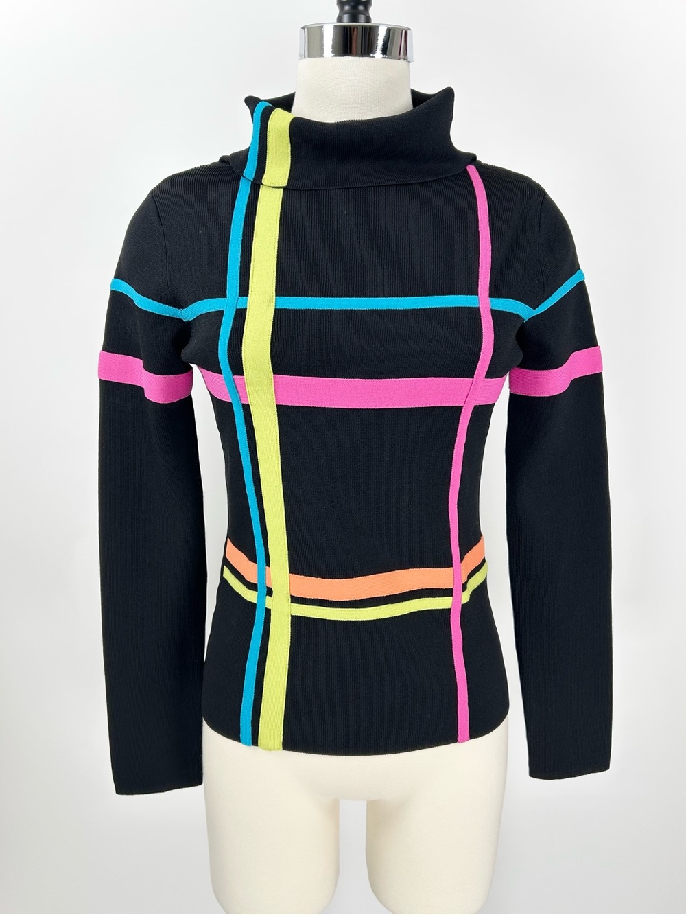Radzoli Vintage Sweater Womens Medium Turtleneck Black Neon Geometric Stripe Mod